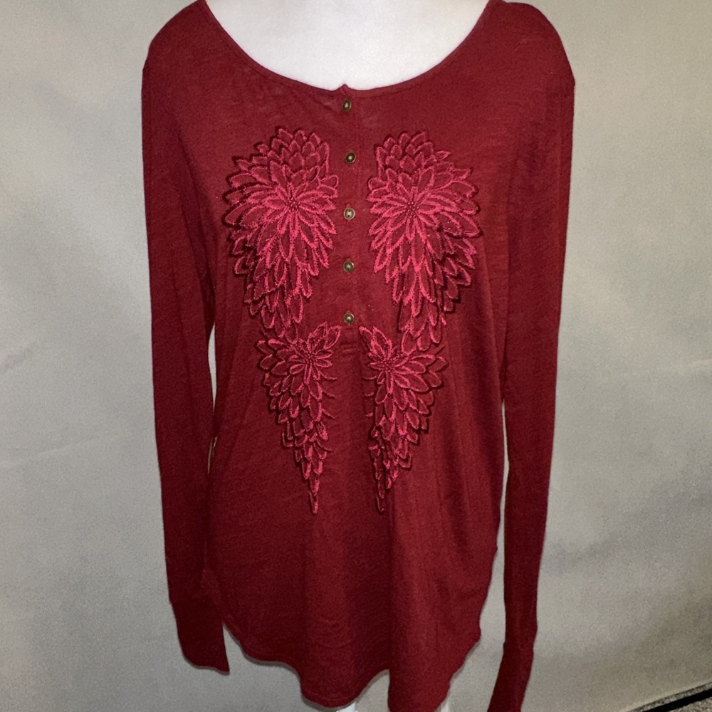 Lucky Brand Top Shirt  Embroidered Round Neck Blouse‎ Dark Red Womens XL